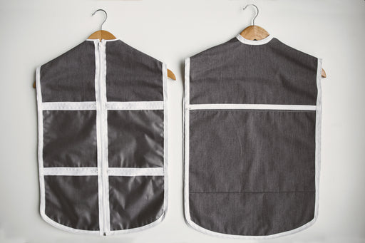 Front and back of The Hanger Valet - a closet organizational tool to keep accessories and undergarments with an outfit. 