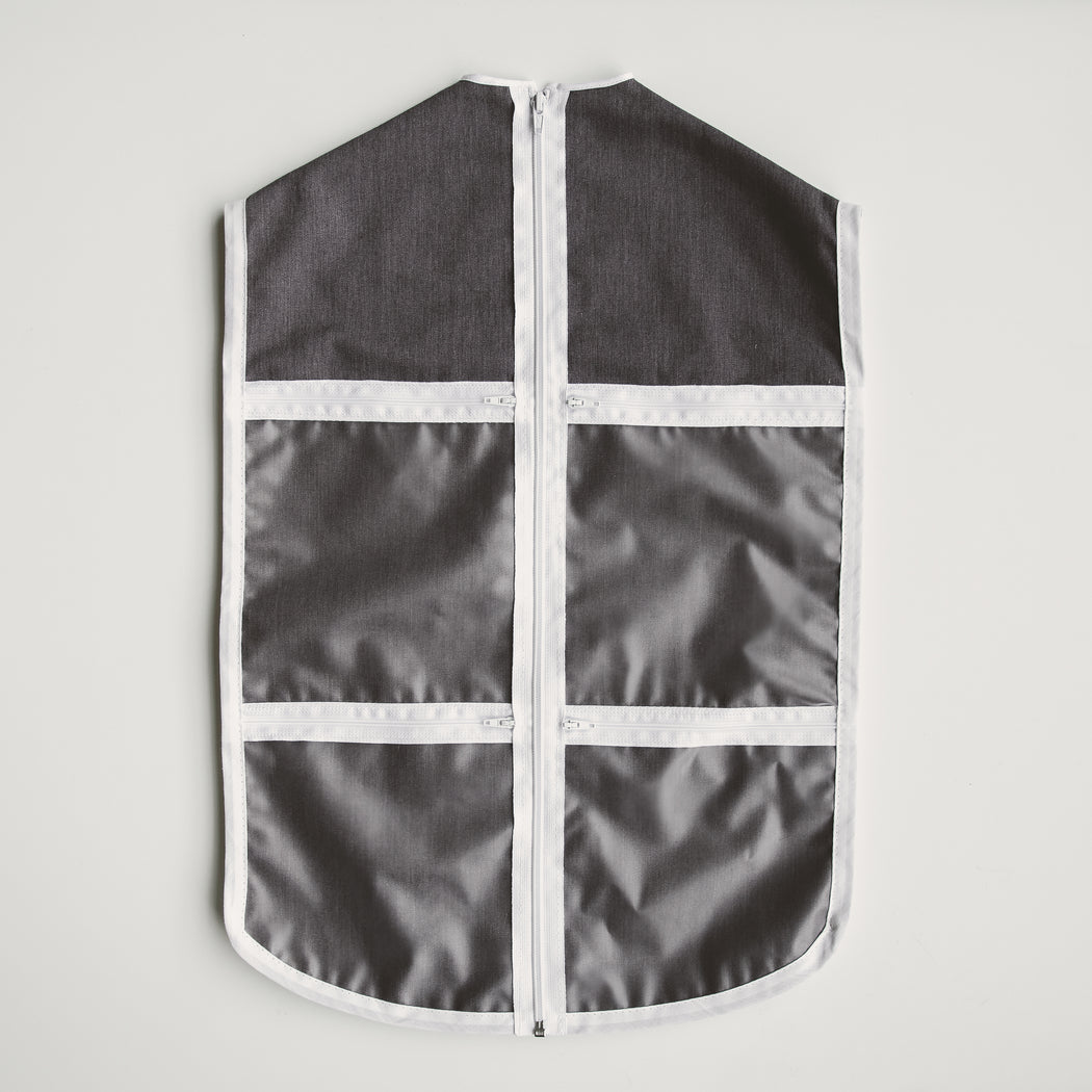 Four zippered pockets on the front of The Hanger Valet - adult size